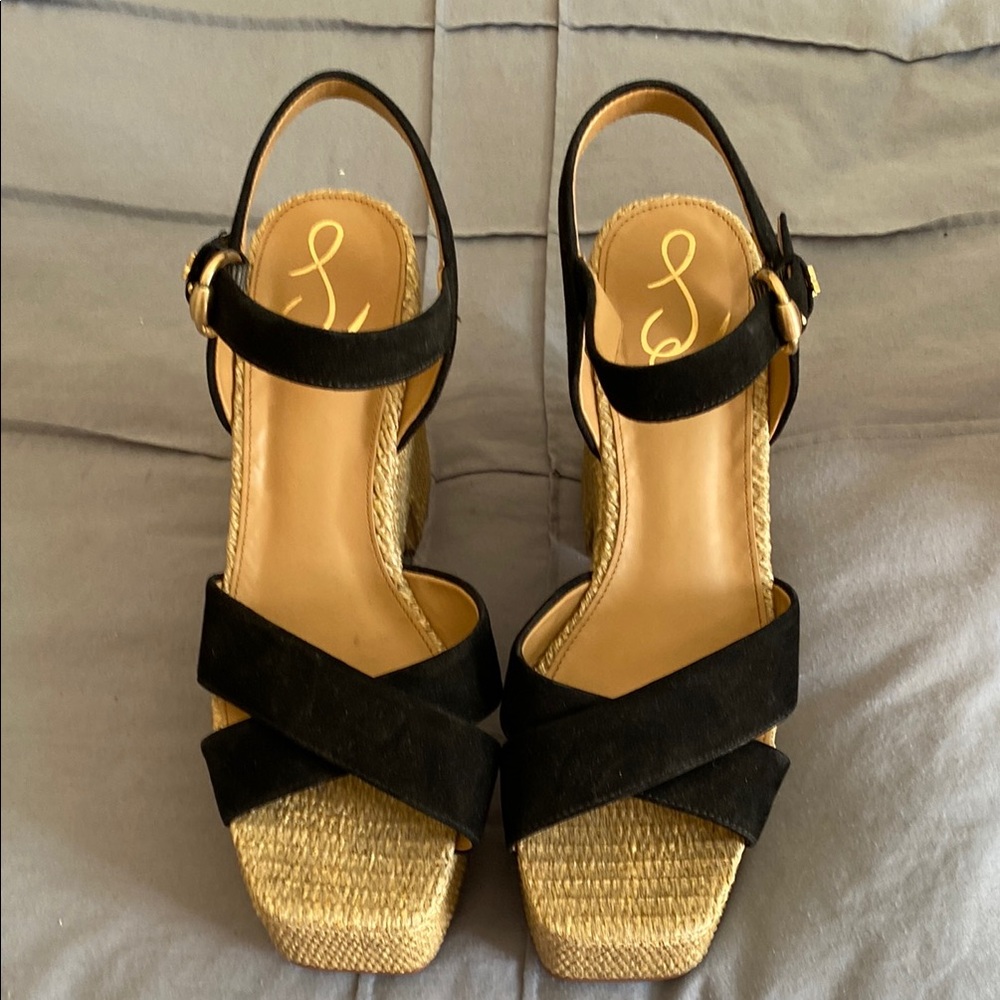 Sam Edelman Black and Tan Espadrille Sandals with Ankle Strap